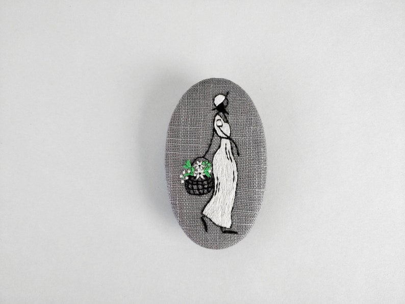 Large gray brooch, embroidery girl and her basket of flowers image 1