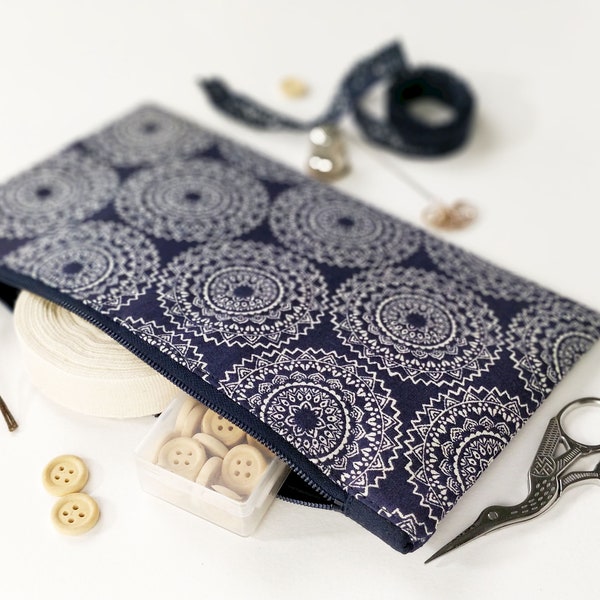 Trousse chic doublée en coton, fermeture éclair bleu marine, fourre-tout, porte-monnaie