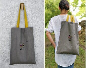 Linen tote bag with character embroidery and surfboard (light gray color, 49x35 cm)