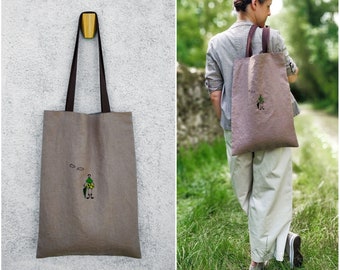 Linen tote bag with character embroidery and umbrella (light brown color, 49x35 cm)
