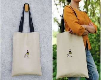 Linen tote bag with embroidery character and his dog (beige color, 49x35 cm)