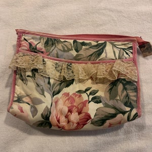 Vintage mauve floral fabric and lace padded bag make up jewelry anything really.
