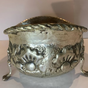 Antique hammered silver embossed bowl Repousse footed 11”x 7