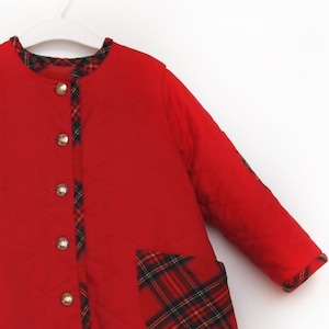 Girls Red Quilted Coat: Scottish Wool Trim, Custom Made