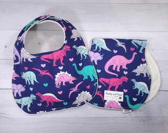 Dinosaur Baby Gift Set, Dinosaur Bib Burp Cloth Set, Dinosaur Baby Shower Gift, Baby Girl Feeding Set, Girly Dino Baby Set