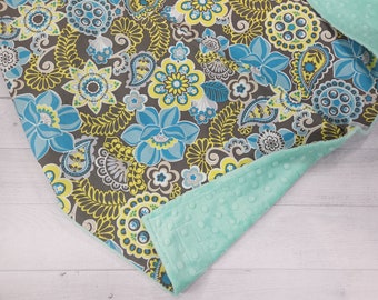 Aqua Floral Baby Blanket - Retro Baby Blanket - Green Floral Blanket - Minky Blanket- Baby Girl Blanket - Baby Shower Gift - New Parent Gift