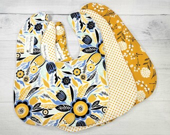 Baby Bib Set - Floral Baby Girl - Navy and Gold Baby Shower - Floral Baby Gift - Baby Gift Set - New Parent Gift - Baby Gift Girl