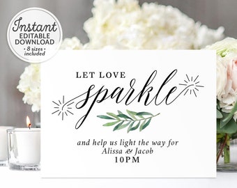 Wedding Sparkler Send Off Sign Printable, Editable Let Love Sparkle, Light the Way Template, Sparkler Exit, Greenery Instant Download A1