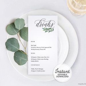 Drinks Wedding Bar Menu Template, Editable Wedding Drink Sign, Printable Bar Decor, Wedding Table Decor, Drinks Menu, Instant Download A1