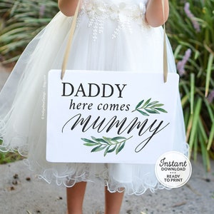 Papa hier komt Mummy, hier komt de bruid afdrukbare bruiloft ceremonie teken, bloemenmeisje teken, ring aan toonder banner, Instant Download a1