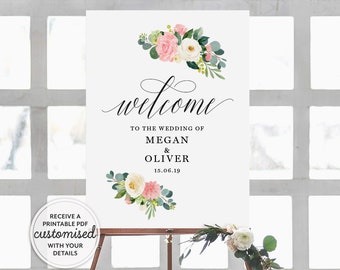 WELCOME to our Wedding Sign, Floral Wedding Welcome Sign Printable, Blush flowers, Watercolor Wedding Decor Personalized Poster Template P1