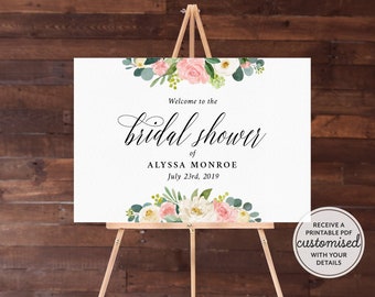 Personalized Bridal Shower Welcome Sign, Printable Template Pink Blush Floral Bridal Shower Welcome Sign, Bridal Shower Poster Decoration P1