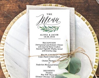Wedding Menu Printable, Menu Template Greenery, Dinner Menu Editable PDF, Wedding Table Decor Instant Download DIY, Eucalyptus Wreath A1
