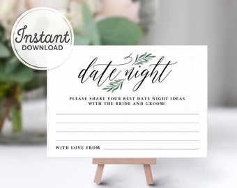 Greenery Date Night Jar, Marriage Advice Card Template, Date Night Idea Cards, Printable Games, Wedding Decor, Bridal Shower Games A1