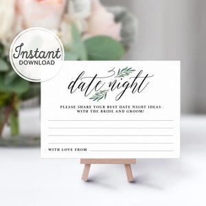 Greenery Date Night Jar, Hochzeit Advice Kartenvorlage, Date Night Idee Karten, druckbare Spiele, Hochzeitsdekor, Brautparty Spiele A1