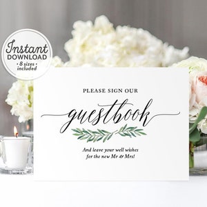 Greenery Please Sign Our Guest book, Guestbook Sign Printable Template, Leave your Well Wishes Template A1