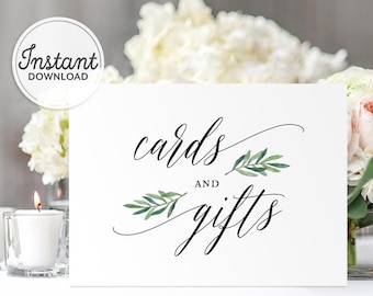 Greenery Cards and Gifts Sign, Printable Wedding Sign, Gift Table Template, Wedding Decor & Signage, Digital download, Modern calligraphy A1