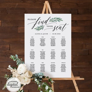 Greenery Seating Chart Wedding, Printable Seating Plan Sign, Find Your Seat Awaits Template, Wedding Table Plan, Alphabetical Numerical A1