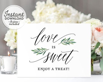 Love is Sweet Sign Wedding Template, Sweet Treats Sign Printable, Take a Treat Sign, Eucalyptus Leaf Wedding Table Decor, Dessert Signage A1