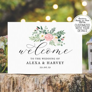 Welcome to Our Wedding Sign Printable, Blush Wedding Decor, Welcome Sign Floral, Pink & White, Watercolor Wedding, Personalized Template P1