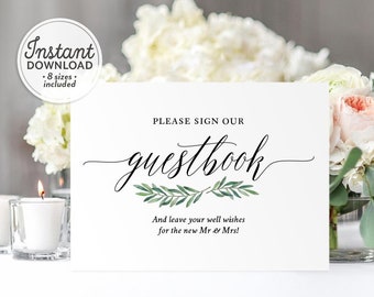 Greenery Please Sign Our Guest book, Guestbook Sign Printable Template, Leave your Well Wishes Template A1