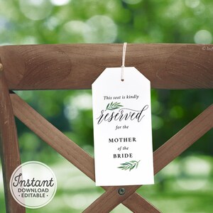 Printable Reserved Seat Tags for Wedding Ceremony, Editable This Seat is Reserved Label, Wedding Chair Tags Template, Instant Download A1