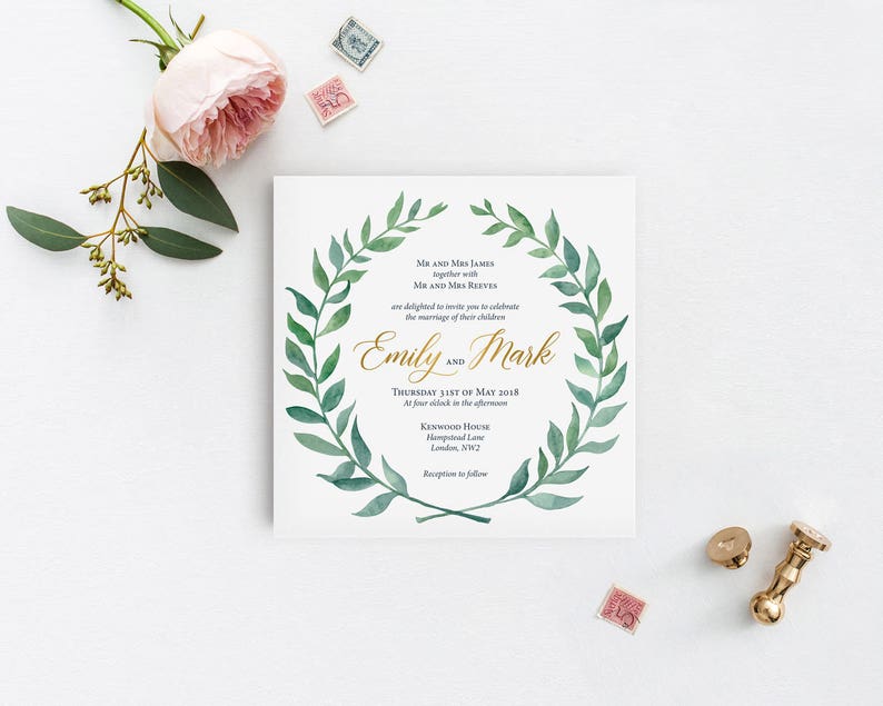 Printable Wedding Invitation Template Boho Watercolor Wreath Wedding Invitation Set DIY Wedding Cards Watercolor Gold Modern Calligraphy G1 image 1