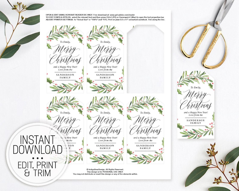 Merry Christmas Label Printable Christmas Gift Tag Template - Etsy