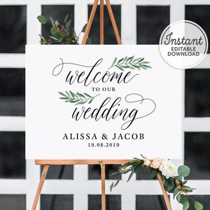 Welcome to Our Wedding Sign Printable, Personalized Editable Template, Garden Wedding Decor, Instant Download A1