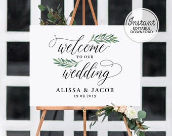 Welcome to Our Wedding Sign Printable, Personalized Editable Template, Garden Wedding Decor, Instant Download A1