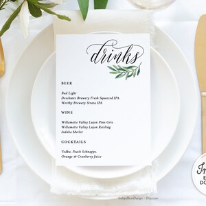 Drinks Wedding Bar Menu Template, Wedding Drink Sign, Editable Bar Decor Printable, Wedding Table Decor, Drinks Menu, Instant Download A1