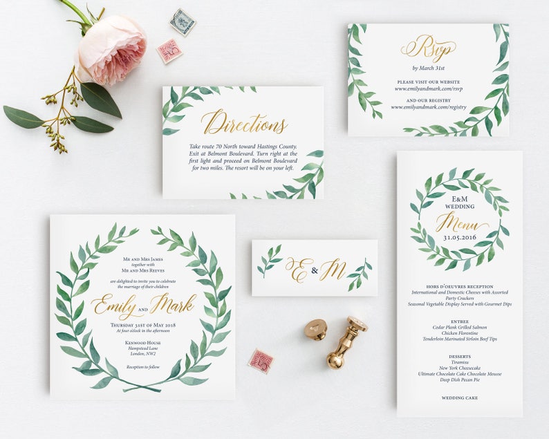 Printable Wedding Invitation Template Boho Watercolor Wreath Wedding Invitation Set DIY Wedding Cards Watercolor Gold Modern Calligraphy G1 image 2