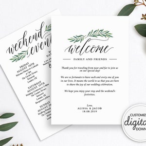Greenery WEDDING ITINERARY & Welcome Letter Template, Weekend Events, Printable Welcome Bag Note, Order of Events, Agenda, Timeline A1