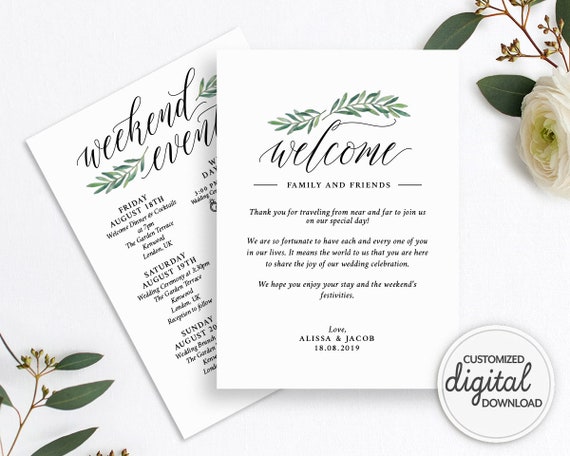 Greenery WEDDING ITINERARY & Welcome Letter Template, Weekend Events, Printable Welcome Bag Note, Order of Events, Agenda, Timeline A1