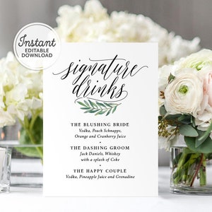 Signature Drinks Sign Printable, His and Hers Cocktail Sign Printable, Greenery Wedding Bar Decor, Editable Drinks Menu, Instant Download A1