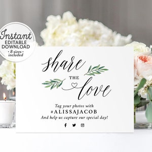 Greenery Share the Love Wedding Sign, Hashtag Social Media Template, Instagram Sign, Oh Snap, Boho Wedding Decor, Instant Download A1