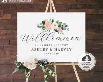 Willkommensschild Hochzeit, Willkommen Zu Unserer Hochzeit, Welcome to Our Wedding Sign, German Wedding Welcome Sign, Personalized Template