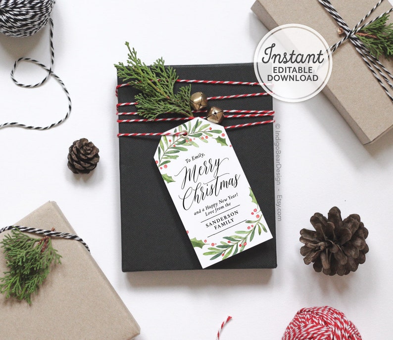 Merry Christmas Label Printable Christmas Gift Tag Template - Etsy