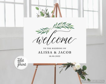 WELCOME to OUR WEDDING Printable Sign, Green Customised Boho Wedding Decor, Watercolor Leaf, Personalized Template, Digital Poster A1
