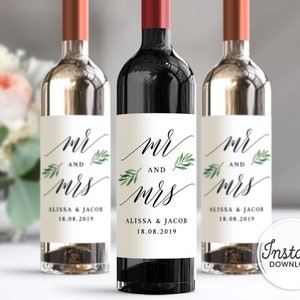 Wedding Wine Labels Favors, Mr and Mrs Wedding Wine Label Editable, Wine Label Template, Instant Download, Printable Boho Wedding Decor A1