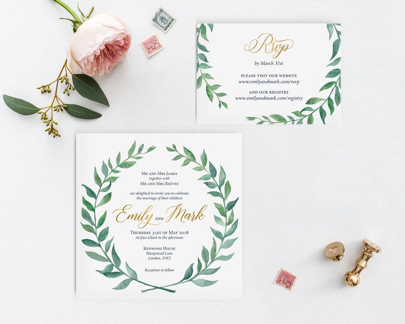 Printable Wedding Invitation Template Boho Watercolor Wreath Wedding Invitation Set DIY Wedding Cards Watercolor Gold Modern Calligraphy G1 image 3