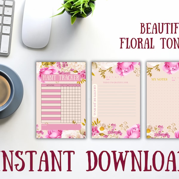 Printable planner pages. Gratitude journal, note taker, habit tracker pages.  A6, 8.5 by 11, A4.  Floral watercolor