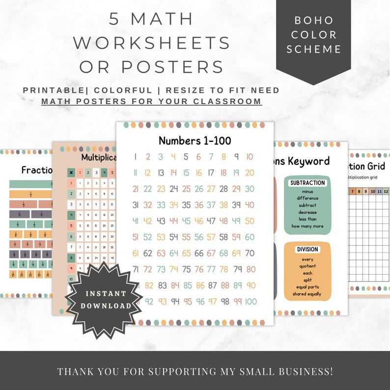 Boho Math Posters: Multiplication Chart, Fraction Grid (printable) - Etsy