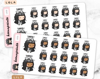 Tired stickers - Stressed stickers, Sleepy stickers, Exhausted stickers, Girl stickers, Planner stickers, Bullet journal LOLA L030 LILY L031