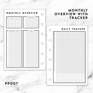 Op de afbeelding: Twee witte plannerpagina's met zwarte inkt. De linkerpagina is getiteld Monthly Overview en bevat secties voor prioriteiten, belangrijke data en taken. De rechterpagina is getiteld Daily Tracker en bevat een raster met de cijfers 1 tot 31.