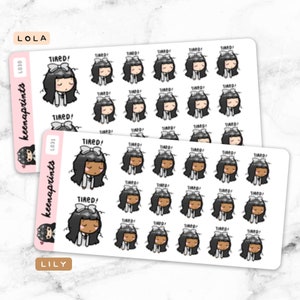 Tired stickers - Stressed stickers, Sleepy stickers, Exhausted stickers, Girl stickers, Planner stickers, Bullet journal LOLA L030 LILY L031