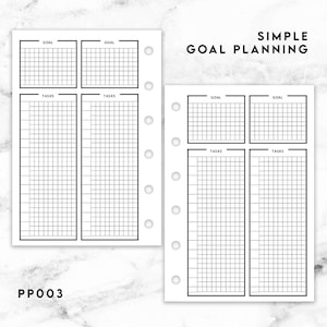 May include: Two white planner pages with black grid lines and the text SIMPLE GOAL PLANNING and PP003. Each page features two sections labeled GOAL and two sections labeled TASKS, with six circular punch holes along the side for binder insertion.