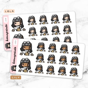 May include: Two sticker sheets featuring cartoon illustrations of a girl with black hair, a white bow, and a broom. The stickers are labeled "LOLA" and "LILY" with the "keenaprints" logo. The stickers are on a white background.