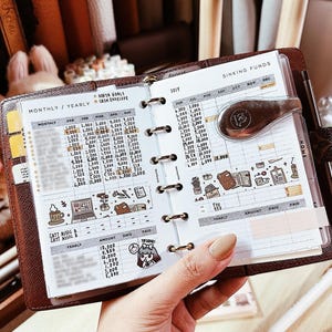 May include: Open brown leather planner with monthly and yearly financial planning pages. The planner is held open with a silver clip. The pages include handwritten notes, stickers, and the text "Sinking Funds".