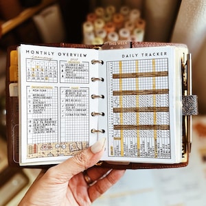 Op de afbeelding: Een bruine lederen ringbandplanner open op een maandoverzicht en dagelijkse trackerpagina. Het witte papier bevat zwarte rasterlijnen, handgeschreven tekst en gele markeerstiftaccenten. Een zilveren pen is aan de zijkant van de kaft bevestigd.